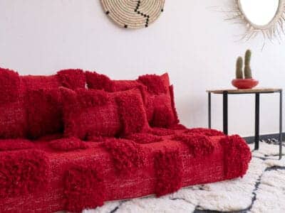 5 ft Moroccan Handmade Red Beni Floor Sofa - Image 6