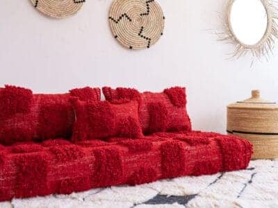 5 ft Moroccan Handmade Red Beni Floor Sofa - Image 6