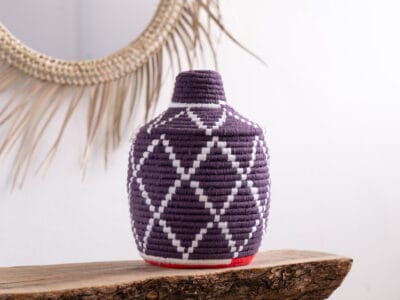 Purple and White Handmade Moroccan Straw Basket