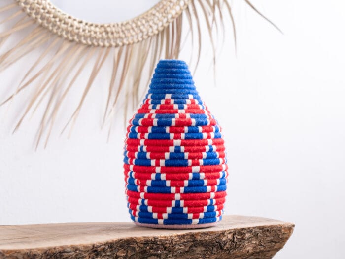 Moroccan Handmade Straw Red Blue Decoration Basket