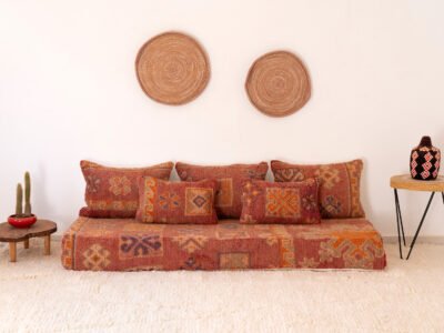 180 cm // 6 ft Orange Vintage Arab Floor Couch - Image 2