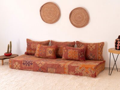 180 cm // 6 ft Orange Vintage Arab Floor Couch - Image 4