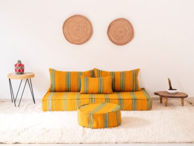 150 cm // 5 ft Handmade Orange Floor Sofa with Green Stripes - Image 2