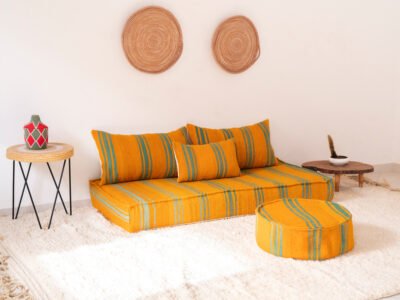 150 cm // 5 ft Handmade Orange Floor Sofa with Green Stripes - Image 3