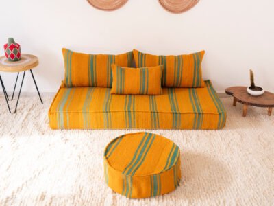 150 cm // 5 ft Handmade Orange Floor Sofa with Green Stripes - Image 4