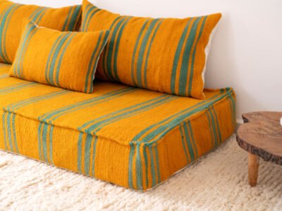 150 cm // 5 ft Handmade Orange Floor Sofa with Green Stripes - Image 5