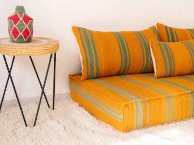 150 cm // 5 ft Handmade Orange Floor Sofa with Green Stripes - Image 7