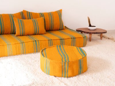 150 cm // 5 ft Handmade Orange Floor Sofa with Green Stripes - Image 11