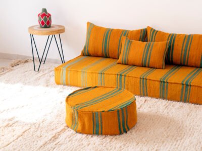 150 cm // 5 ft Handmade Orange Floor Sofa with Green Stripes - Image 12