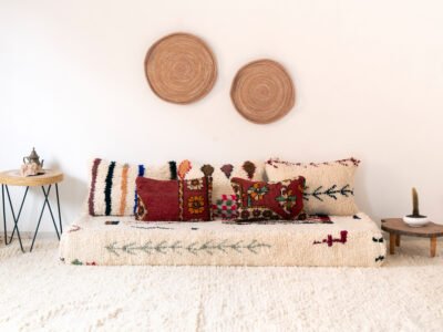 180cm // 6 ft Moroccan Azilal Rug Floor Sofa with Decorative Pillows - Image 2