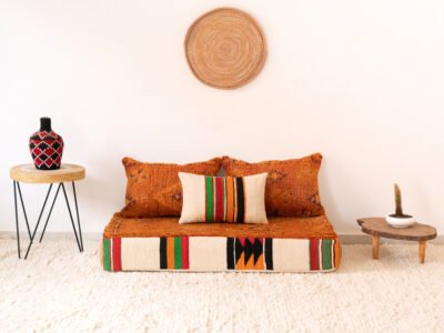 120 cm // 4 ft Vintage Orange handmade Floor Sofa with Berber Accents - Image 2