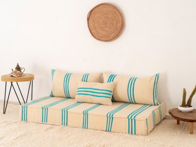 150 cm // 5 ft Handmade Sky Blue Stripes Floor Sofa - Image 9