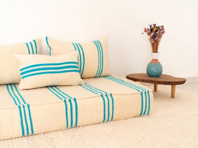120 cm // 4 ft Handmade Sky Blue Stripes Floor Sofa - Image 4