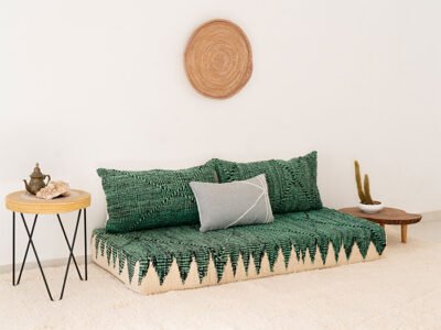 150cm // 5 ft Moroccan Green Zanafi Floor Cushion with Grey Pillow - Image 2