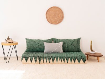 150cm // 5 ft Moroccan Green Zanafi Floor Cushion with Grey Pillow
