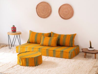 150 cm // 5 ft Handmade Orange Floor Sofa with Green Stripes