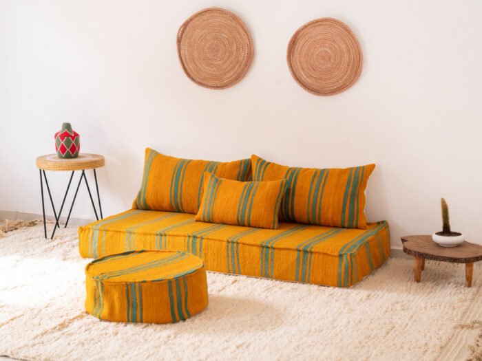 SA02OP842 150 cm // 5 ft Handmade Orange Floor Sofa with Green Stripes