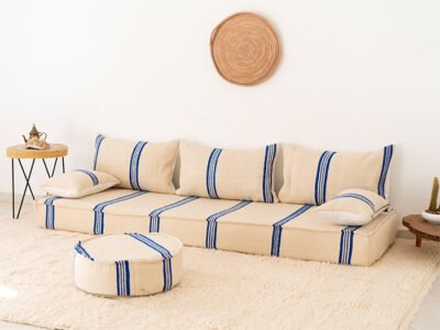 210cm // 7 ft Handmade Blue Stripes Moroccan Floor Sofa - Image 3