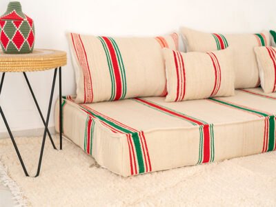 210cm // 7 ft Handmade Red & Green Stripes Moroccan Floor Sofa - Image 14