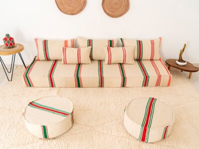 210cm // 7 ft Handmade Red & Green Stripes Moroccan Floor Sofa - Image 13