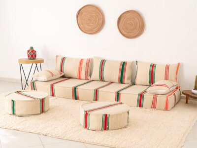 210cm // 7 ft Handmade Red & Green Stripes Moroccan Floor Sofa - Image 9