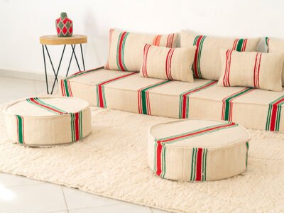 210cm // 7 ft Handmade Red & Green Stripes Moroccan Floor Sofa - Image 3