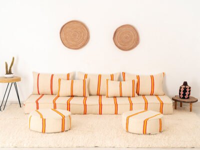 210cm // 7 ft Handmade Red & Orange Stripes Moroccan Floor Sofa