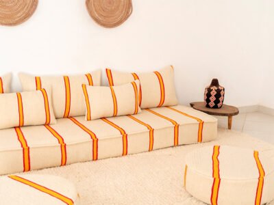 210cm // 7 ft Handmade Red & Orange Stripes Moroccan Floor Sofa - Image 9