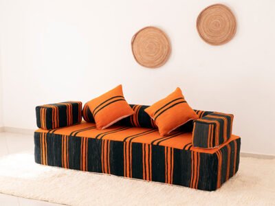 180cm // 6 ft Orange & black Handmade Wool Moroccan Floor Couch - Image 12