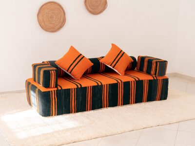 180cm // 6 ft Orange & black Handmade Wool Moroccan Floor Couch - Image 11
