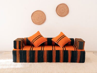 180cm // 6 ft Orange & black Handmade Wool Moroccan Floor Couch