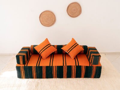 180cm // 6 ft Orange & black Handmade Wool Moroccan Floor Couch - Image 10
