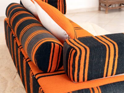 180cm // 6 ft Orange & black Handmade Wool Moroccan Floor Couch - Image 7