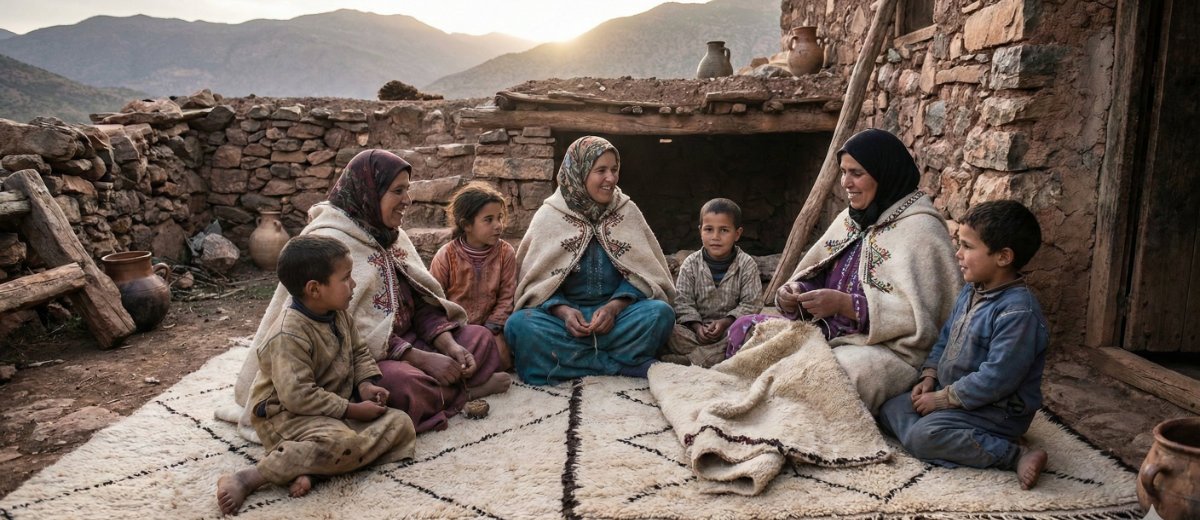 Beni Ouarain family outside a stone house
