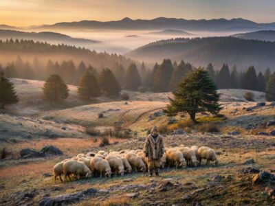 Beni Ouarain shepherd wearing traditional Amazigh wool garments stands beside his flock of sheep