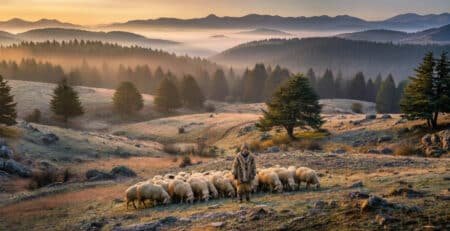 Beni Ouarain shepherd wearing traditional Amazigh wool garments stands beside his flock of sheep