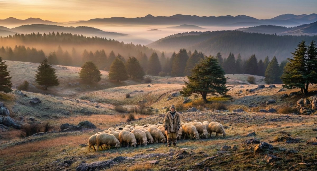 Beni Ouarain shepherd wearing traditional Amazigh wool garments stands beside his flock of sheep