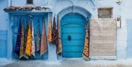 Moroccan rugs hanging near a door in Chefchaouen