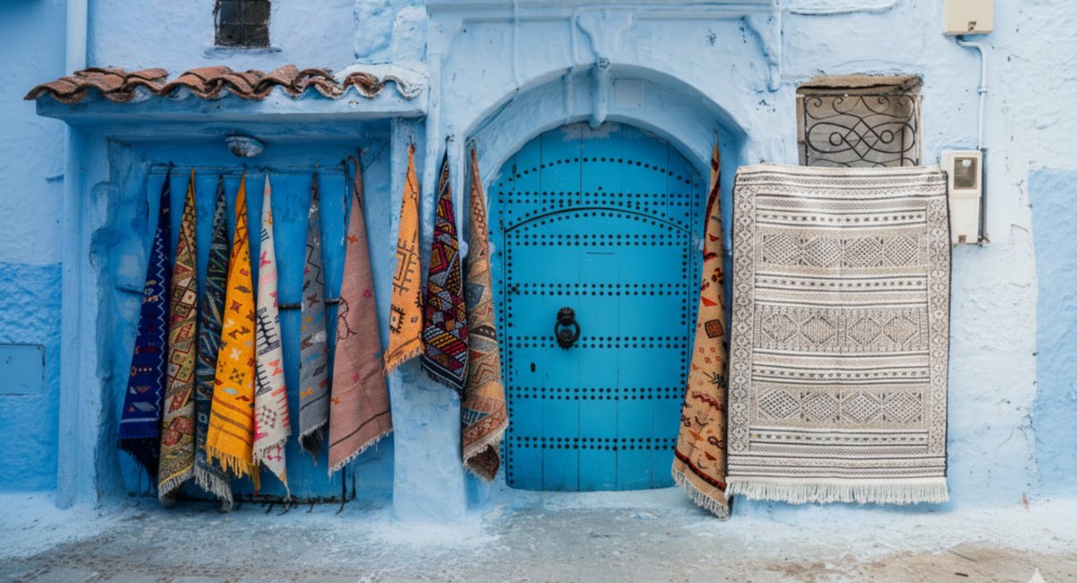 Moroccan rugs hanging near a door in Chefchaouen