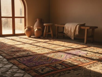vintage moroccan rug spread across a worn stone floor