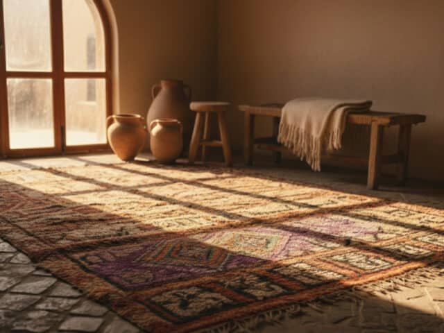 vintage moroccan rug spread across a worn stone floor