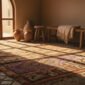 vintage moroccan rug spread across a worn stone floor