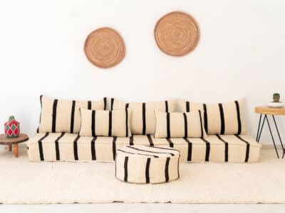 210cm ft 7ft Moroccan Black Striped Blanket Sofa with Round Pouf - Image 12