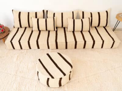 210cm ft 7ft Moroccan Black Striped Blanket Sofa with Round Pouf - Image 11