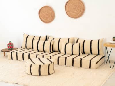210cm ft 7ft Moroccan Black Striped Blanket Sofa with Round Pouf - Image 10