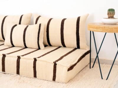 210cm ft 7ft Moroccan Black Striped Blanket Sofa with Round Pouf - Image 9