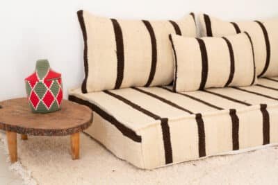 210cm ft 7ft Moroccan Black Striped Blanket Sofa with Round Pouf - Image 8