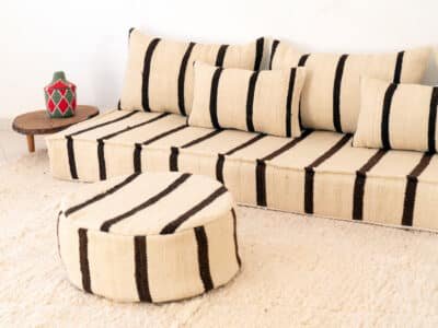 210cm ft 7ft Moroccan Black Striped Blanket Sofa with Round Pouf - Image 6