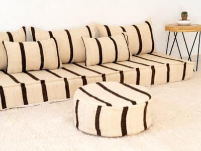 210cm ft 7ft Moroccan Black Striped Blanket Sofa with Round Pouf - Image 5