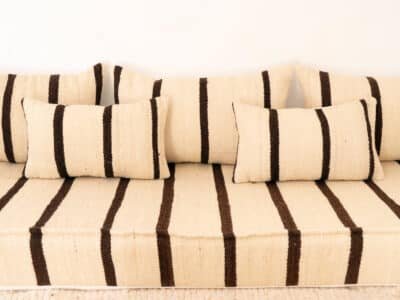 210cm ft 7ft Moroccan Black Striped Blanket Sofa with Round Pouf - Image 3